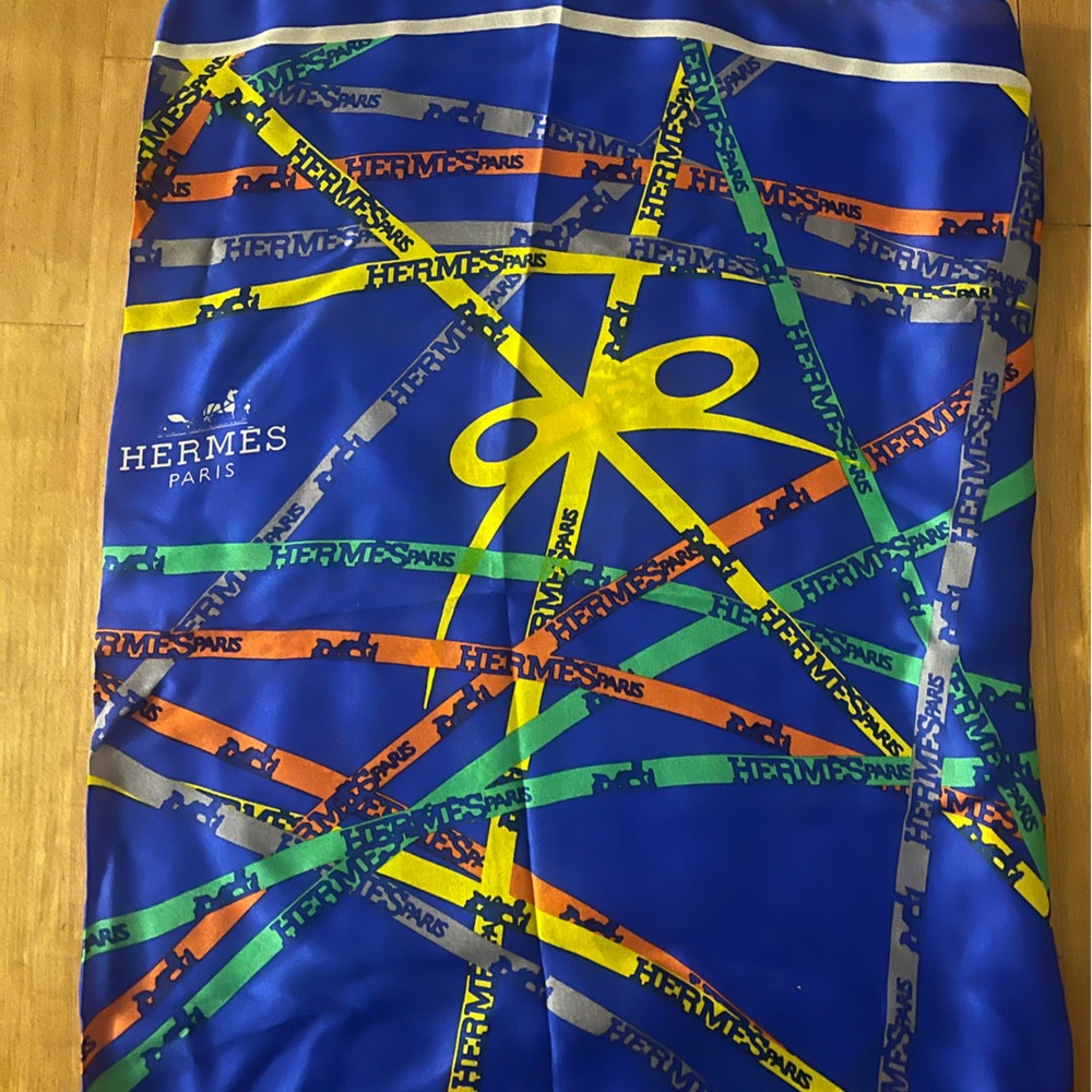 Rare Hermes Bolduc Scarf Royal Blue Ribbon